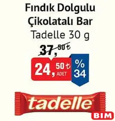 TADELLE FINDIK DOLGULU ÇİKOLATALI BAR 30 G fiyat ve kampanya bilgisi